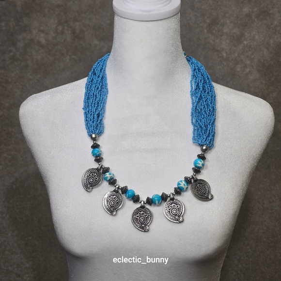 Jewelry - Tibetan-Style Blue Beaded Statement Necklace Silver-Tone Medallions • Boho